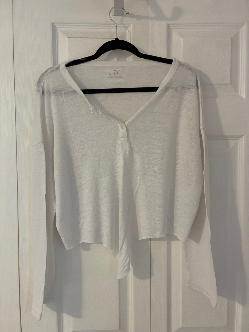 aerie White Long-Sleeve Cropped Henley Top